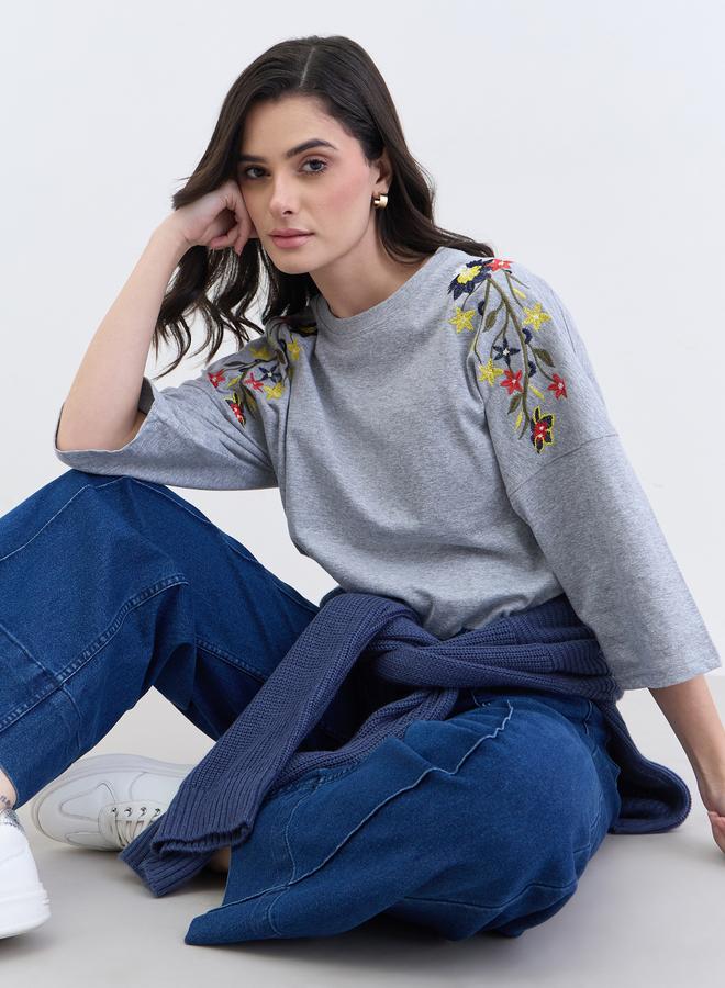 Styli Grey Floral Embroidered Oversized T-Shirt - Image 2